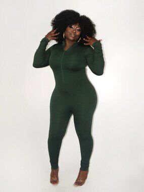 Women's Green Ribbed Knit Long Sleeve Mock Neck Zip Up Bodycon Jumpsuit Romper